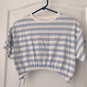 Zara Light Blue and White Striped Crop Tee